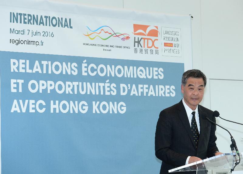 The Chief Executive, Mr C Y Leung, speaks at a luncheon hosted by the Regional Council of Languedoc-Roussillon, Midi-Pyrénées Region, in Toulouse, France, today (June 7, Toulouse time). 